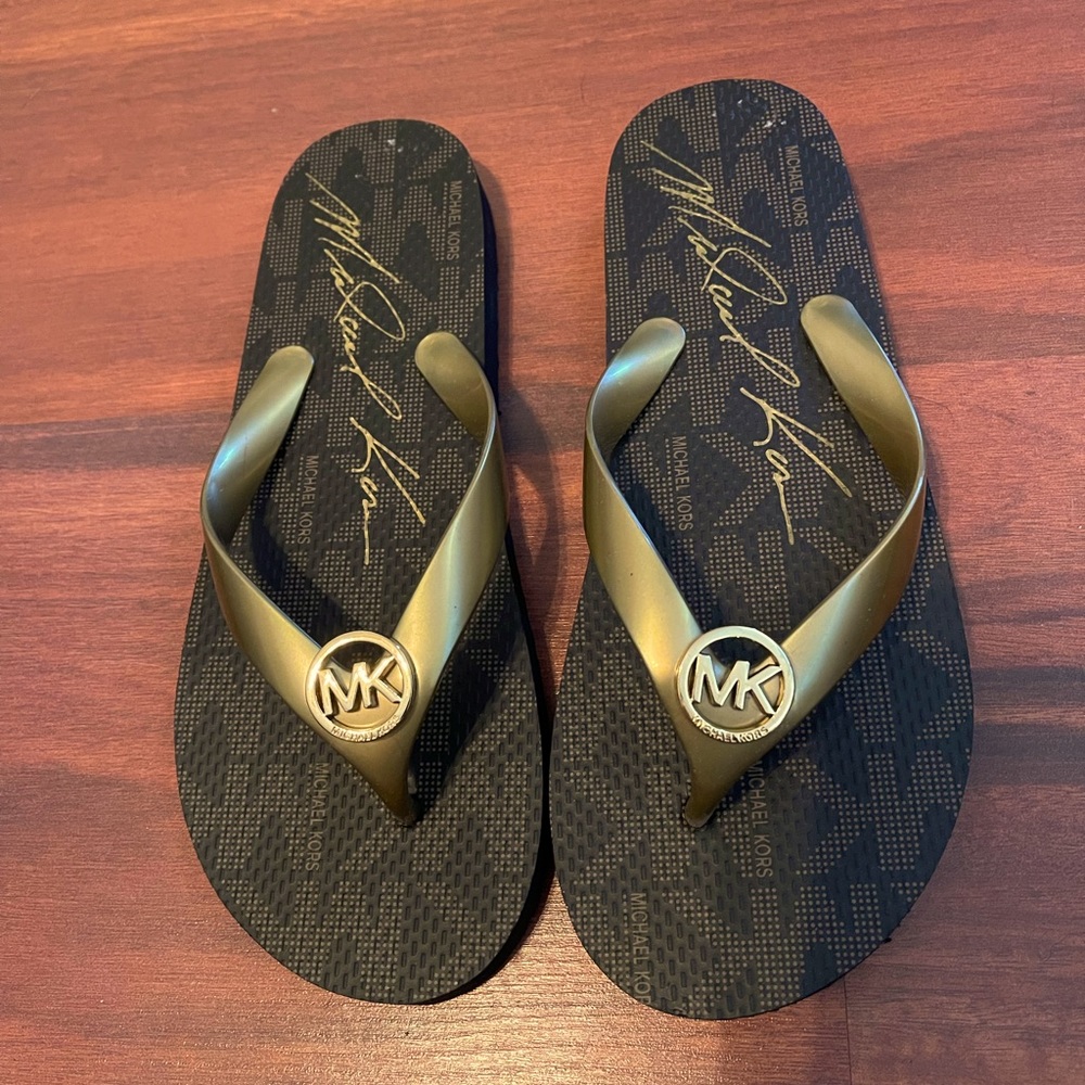 Gold and Brown Michael Kors flip flops